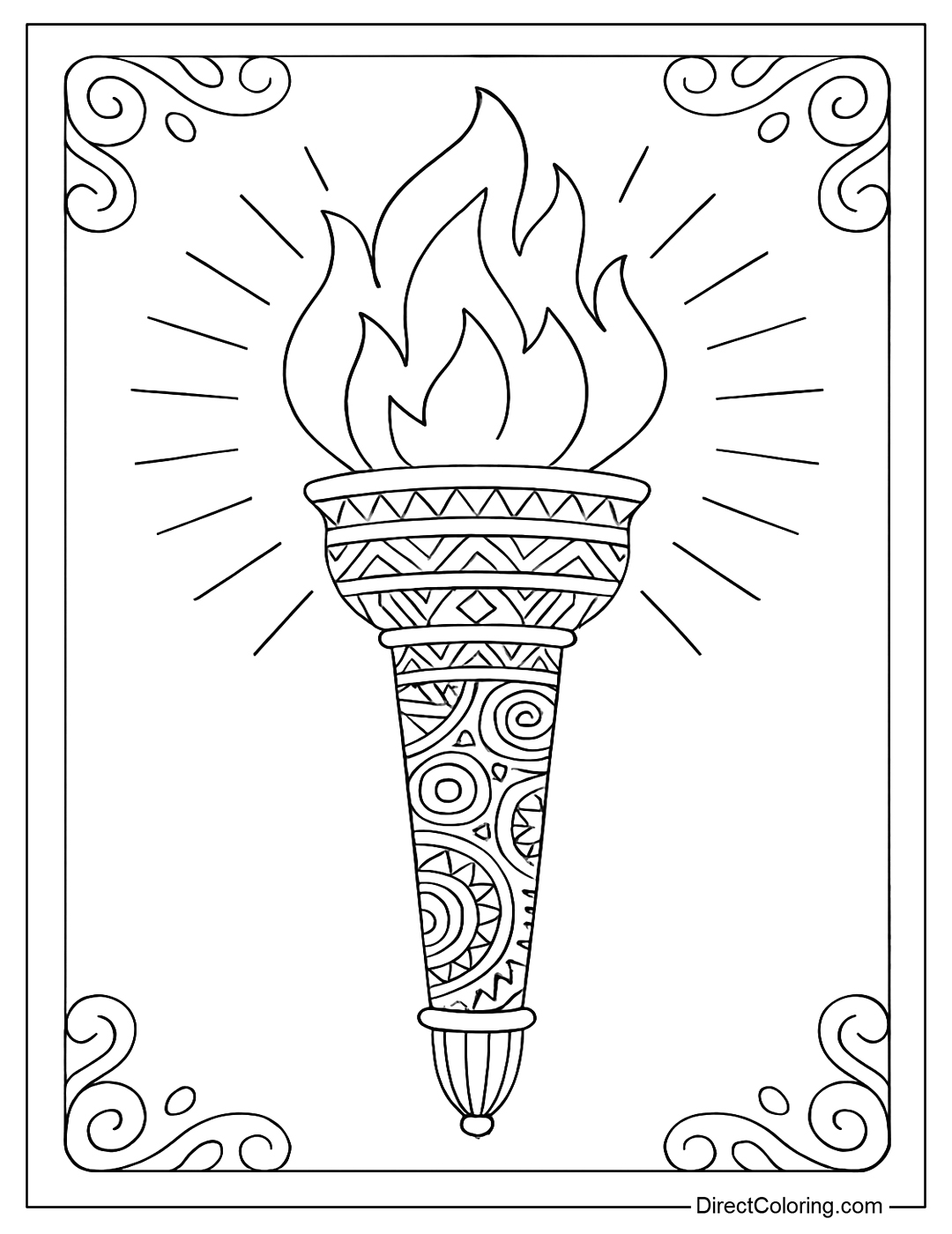 Coloring page of a torch symbolizing the light of freedom, decorated with historical motifs and African patterns